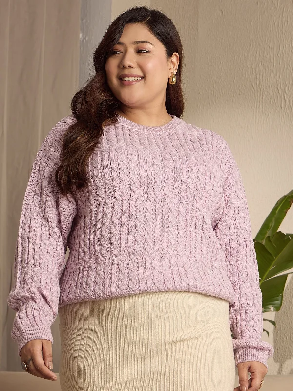 Weekend Offers That Please Berrylush Curve Women Solid Purple Round Neck Acrylic Cable Knitted Ribbed Hem Regular Pullover