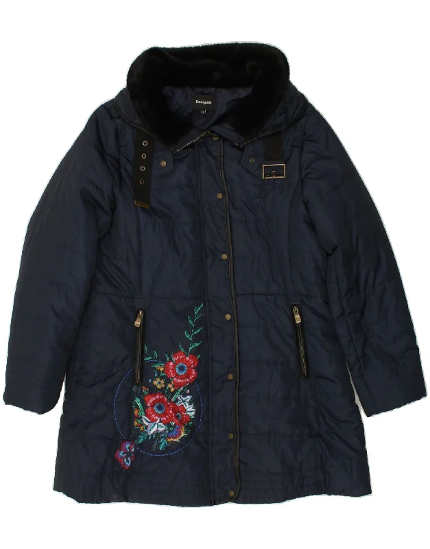 Weekend Offers That Sizzle DESIGUAL Womens Graphic Padded Coat IT 46 Large Navy Blue Floral Polyester