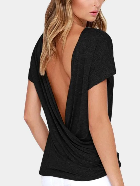 Steal Deal OEM ODM Deep V Neck Plain Crossed Front Pleated Short Sleeve Black T-Shirts
