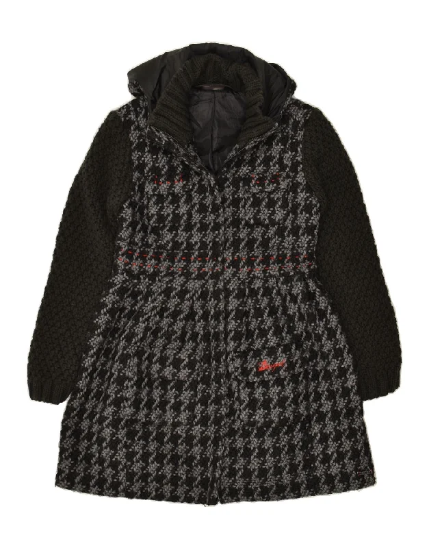 Act Now DESIGUAL Womens Knit Hooded Overcoat EU 42 Large Grey Houndstooth