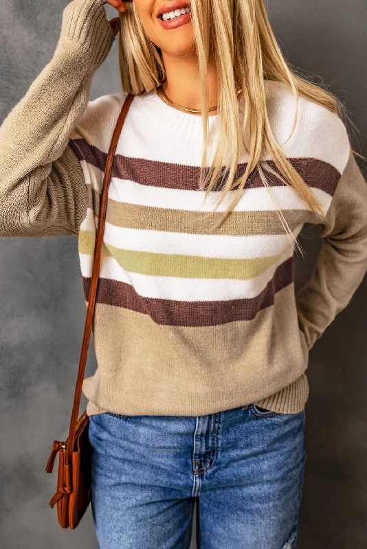 Weekend Offers That Dazzle Striped Ribbed Trim Drop Shoulder Sweater