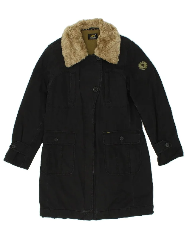 Hurry Up LEE Womens Overcoat UK 16 Large Black Cotton