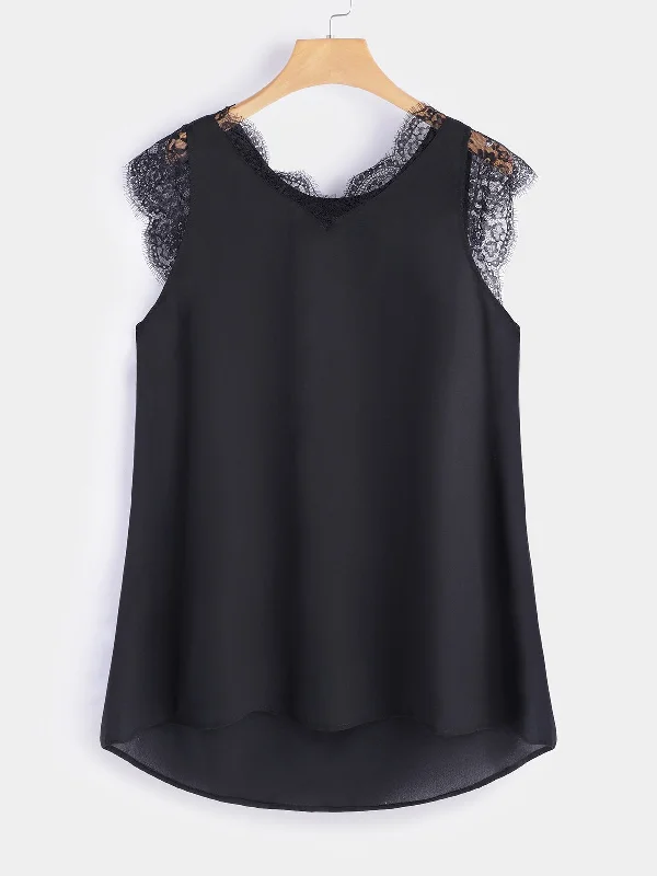 Mega Discount OEM ODM V-Neck Lace Short Sleeve Irregular Hem Black T-Shirts