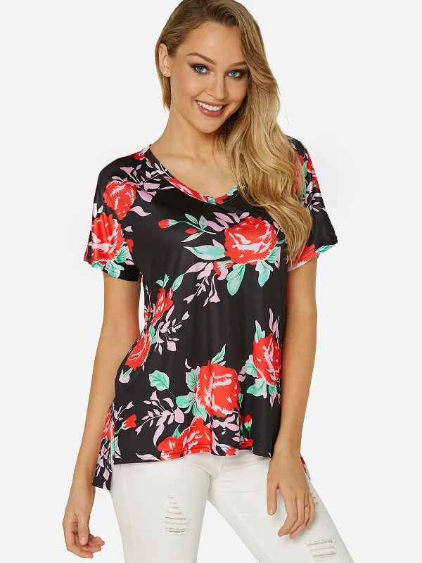 Closeout Deal OEM ODM Round Neck Floral Print Slit Short Sleeve Black T-Shirts